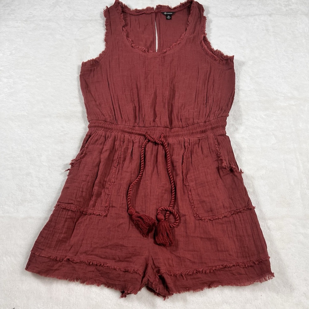 Versona‎ Romper Womens Medium Rust Fringe Crinkle Tassel Boho Hippie